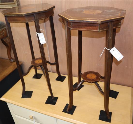 A pair of Edwardian inlaid mahogany octagonal occasional tables H.70cm